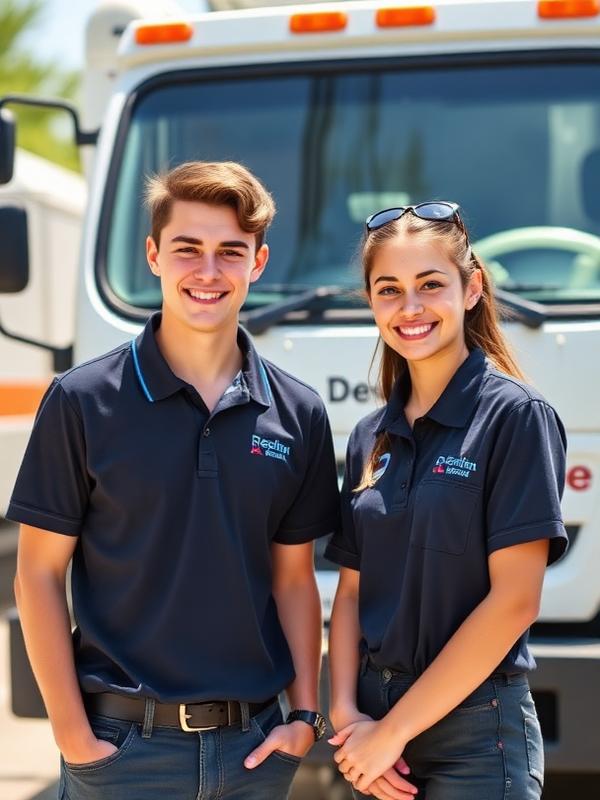 Smiling student crew in front of a service truck